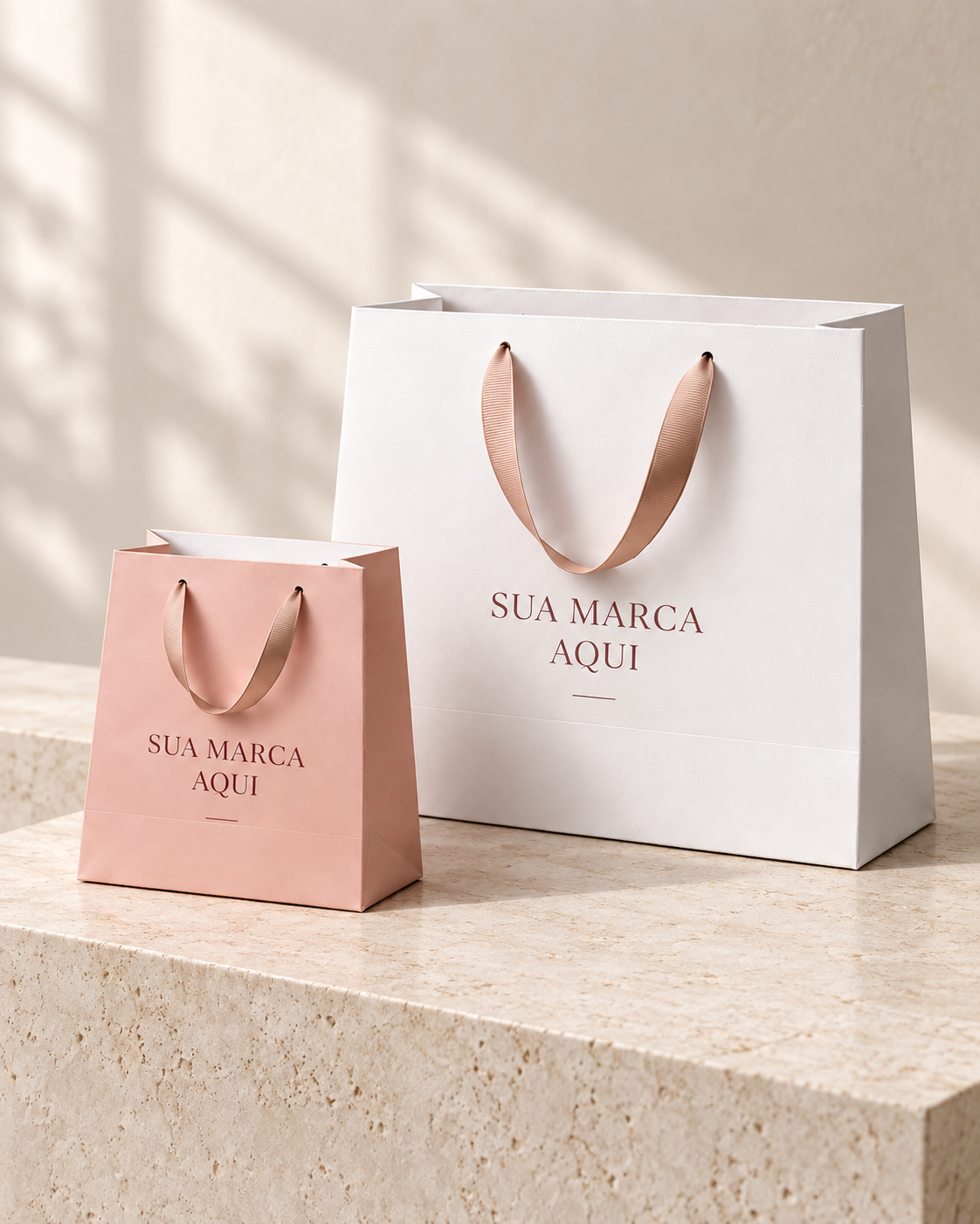 Mockup ilustrativo de sacolas branca e rosé, com alças de gorgorão e acabamento fosco.